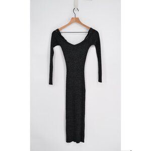 Open Edit Cold Shoulder Bodycon Dress Womens XXS Black Metallic Shimmer Midi Rib